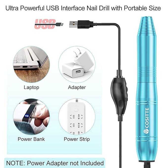 COSITTE Electric Nail Drill,USB Electric Nail Drill Machine for Acrylic Nail Kit,Portable Electric Nail File Polishing Tool Manicure Pedicure Kit Efile Nail Supplies for Home Salon,Sky Blue