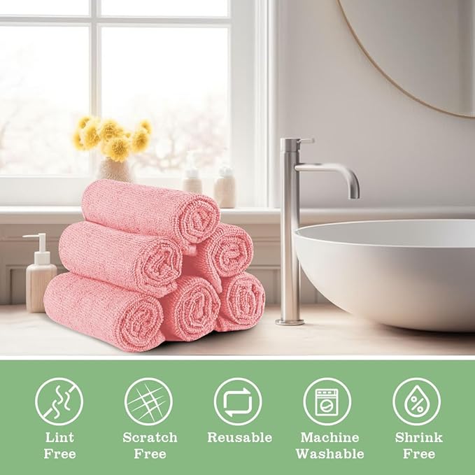 UNIMADE Washcloths Bulk - 100 Pack - Face Towels (12" x 12"), Highly Soft Wash Cloths and Hand Towels, Fast Drying Multi-Purpose Microfiber Cleansing Cloths for Bathroom, Hotel, Spa, and Salon - Pink