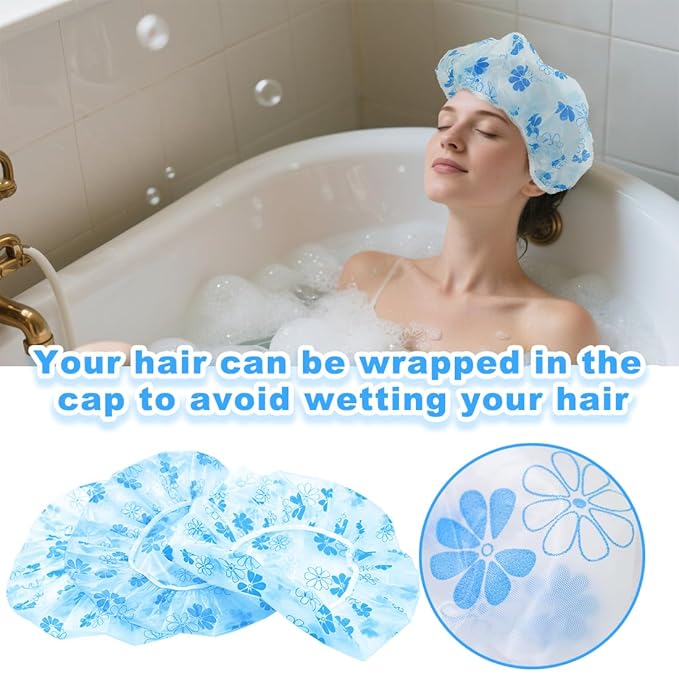 18Pcs Plastic Shower Caps for Women Waterproof Bath Caps Bathing Hair Cap Reusable Shower Caps for Shower,Spa,Salon,Housework,Girls,Home,Travel (Blue-Flower)