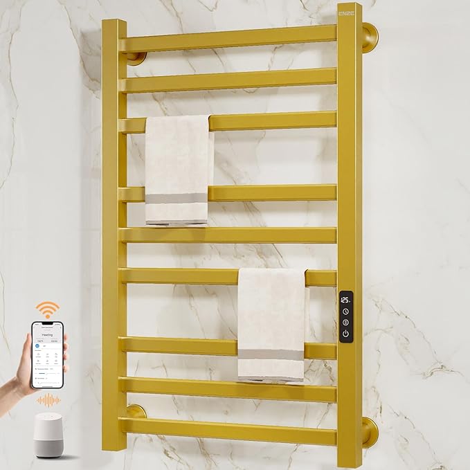 ENZE Smart Heated Towel Rack, 9-Bar Wall-Mounted Electric Towel Warmer 230W, Wi-Fi App Control & LED Touch Screen, Adjustable Temperature & 24H Timer, IPX5, Plug-in/Hardwired, Gold, Low Carbon Steel