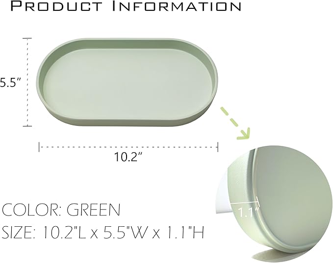 Green Small Tray (10 inch), Oval Tray for Kitchen Counter, Bathtub Bathroom Vanity Items, Countertop Organizer, Coffee Accessory, Bar, Serving Seasoning, Salt and Pepper, Soap, Perfume.
