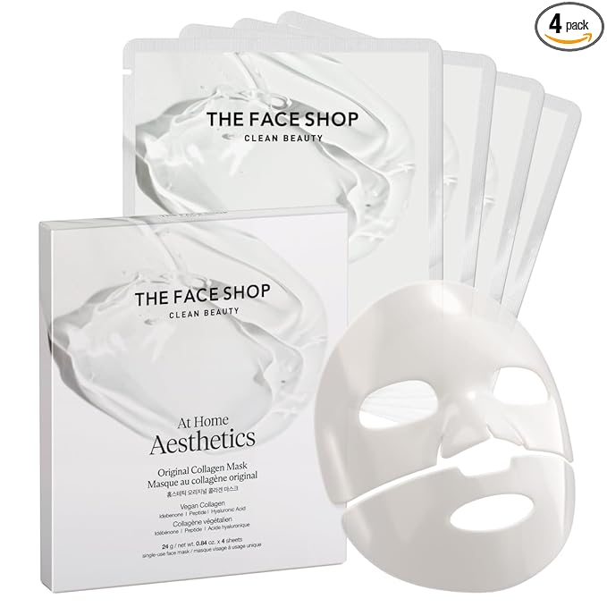THE FACE SHOP Original Vegan Collagen Face Mask, Korean Glass Skin Essential, Peptide Hydrogel Mask for Firming & Skin Elasticity, Moisturizing, 4EA