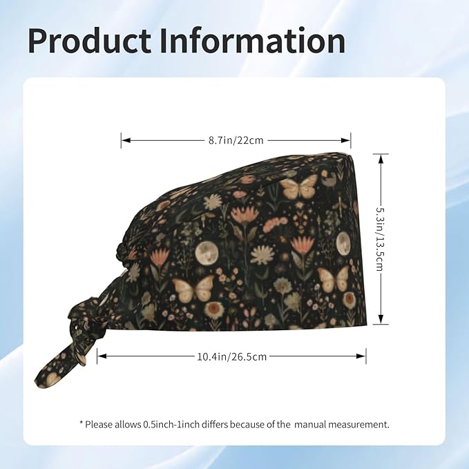 Scrub Cap for Women and Men Boho Black Leaf Pattern Adjustable Breathable Sweatband Hat for Work Kitchen Spa Shower Daily Use