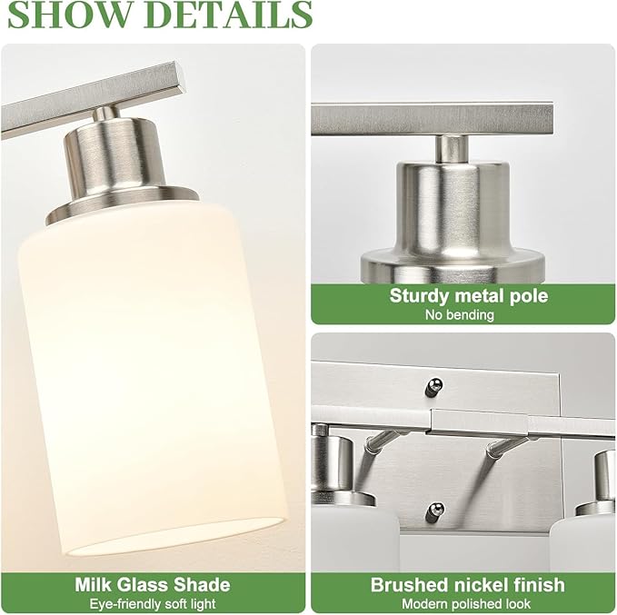MOKATNG 3-Light Bathroom Light Fixtures, Brushed Nickel Vanity Light with Milky White Shades, Bathroom Lighting Fixtures Over Mirror, Modern Bathroom Wall Lamp for Mirror Living Room Cabinet Bedroom