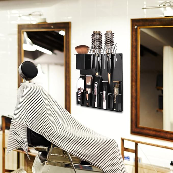Clipper Holders Barbers Organizer, 13" x 12" x 3" Wall-Mounted Multi-Functional Hair Styling Tool Storage Stand for Clipper, Scissors, Comb, Curling Irons - for Salon, Home Bathrooms, with Screws Kit