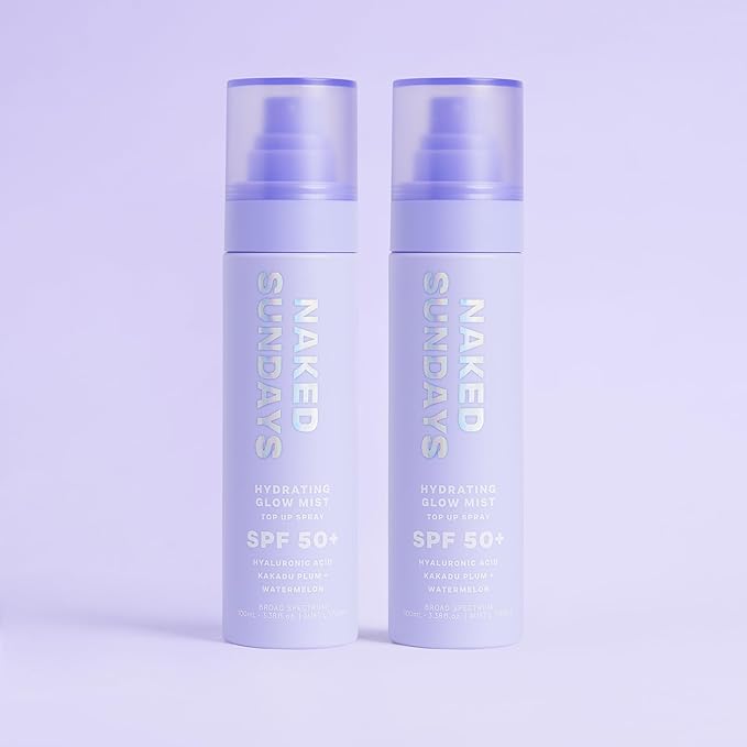 Naked Sundays SPF 50 Hydrating Glow Face Mist - Daily Sunscreen Spray & Makeup Setting Spray with Hyaluronic Acid, Lightweight, Non-Greasy & Hydrating, 2-Pack 75ml