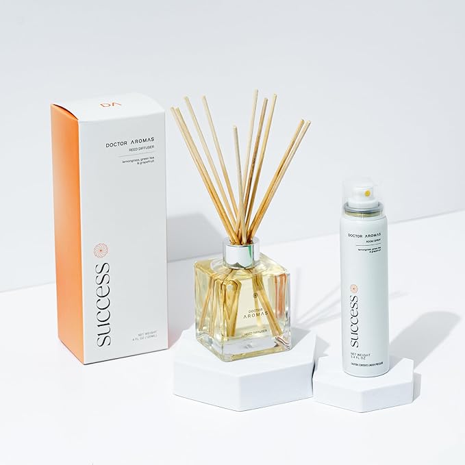Doctor Aromas Aroma Set Essential Oil Natural Reed Aroma Wood Sticks Diffuser Glass Set – Elegant Scent for Home, Room or Bathroom, Décor, and Fresh Air Fragrance Aromatherapy Gift (Success)