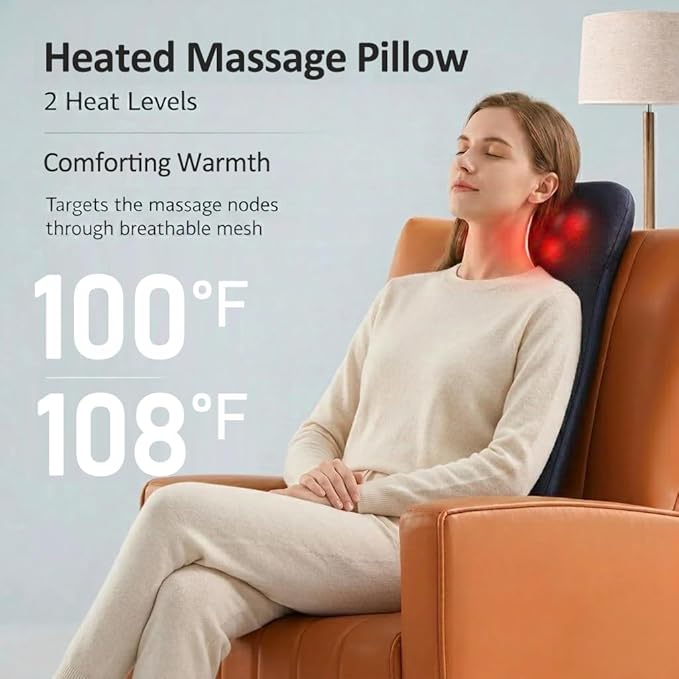 Back & Neck Massager with Heat for Pain Relief, FSA Full-Length Rolling Massage Cushion for Upper & Lower Back, 3 Modes, 2 Heat Levels, 15-Min Auto-Off, Slim Lumbar Support, HSA Eligible