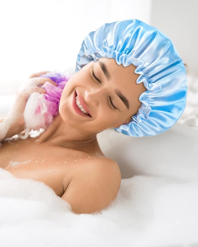 Aquior Shower Caps, Reusable Shower Cap for Women, Double Layer Waterproof Hair Cap, Large Size for All Hair Lengths,for Girls Spa Home Salon Use (Blue Cloud)
