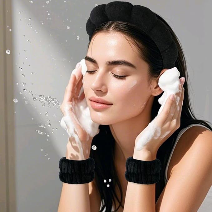 2Pcs Spa Headband for Washing Face & 1 Pair Wristband Set - Sponge Makeup Skincare Headband, Terry Cloth Bubble Soft Hairband, Puffy Padded Non-Slip Thick Hair Accessory for Women & Girls (Black)