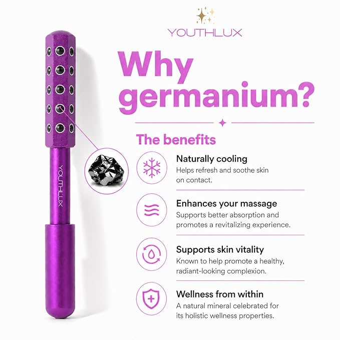 Radiance Roller – Germanium Stone Facial Massage Tool/Wand Face Roller for Lifting, Sculpting, De-Puffing, Glow Boost, Energizing & Cooling Effect (Purple)