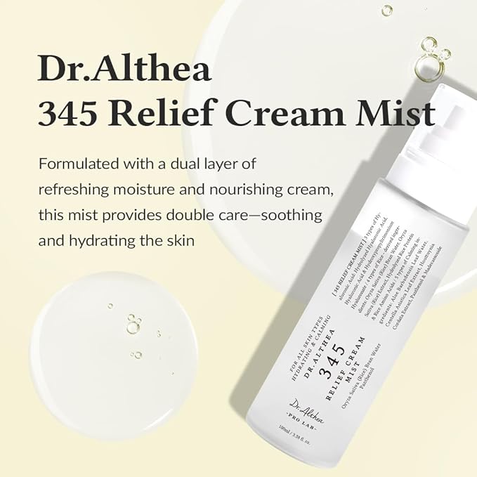 Dr.Althea 345 Relief Cream Mist | Hydrating Facial Mist with Rice Extract | Soothing Care for Sensitive Skin | Vegan Korean Skincare, 3.38 Fl Oz (Pack of 2)