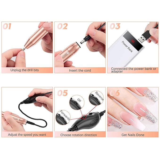 COSITTE Electric Nail Drill, USB Electric Nail Drill Machine for Acrylic Nails, Portable Electrical Nail File Polishing Tool Manicure Pedicure Efile Nail Supplies for Home and Salon Use, Gold