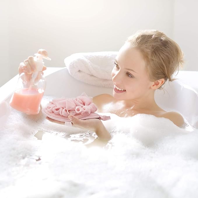 Boao 6 Pcs Bath Shower Pouf Sponge Mesh Pouf Shower Ball Exfoliating Body Sponge Pad Scrubber Glove with Flower Bath Ball (Khaki,Coffee,Pink)