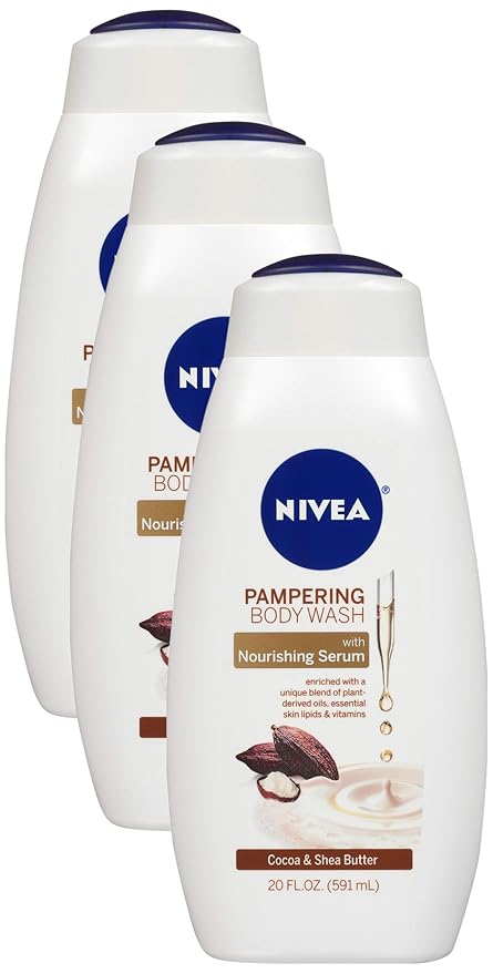 Nivea Pampering Cocoa and Shea Butter Body Wash with Nourishing Serum, Moisturizing Body Wash for Women, Enriched with Provitamin B5 and Vitamin E, 20 Fl Oz Bottle (Pack of 3)