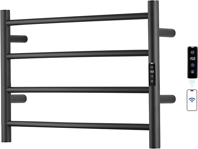 Electric Towel Rack with Voice Control for Alexa & Google Home,TUYA - Wall-Mounted Bathroom Heating Towel Warmer,Plug-in,Stainless Steel Material,16.54x23.62x5.51 in,Black,4 Bars