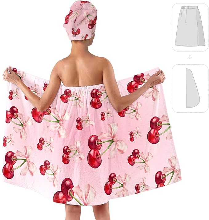 Women's Cherry Bow Shower Wrap and Hair Towel Set – Pink Quick Dry Microfiber Bath Wrap with Adjustable Closure – Cute Spa, Dorm, Gift Towel Set for Girls & Teens (Cherry 3)