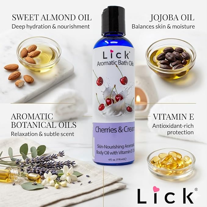 Lick Cherries and Whipped Cream Aromatic Bath Oil - Dessert Aromas Collection - Lightweight Soaking Oils for Relaxation, 4 oz