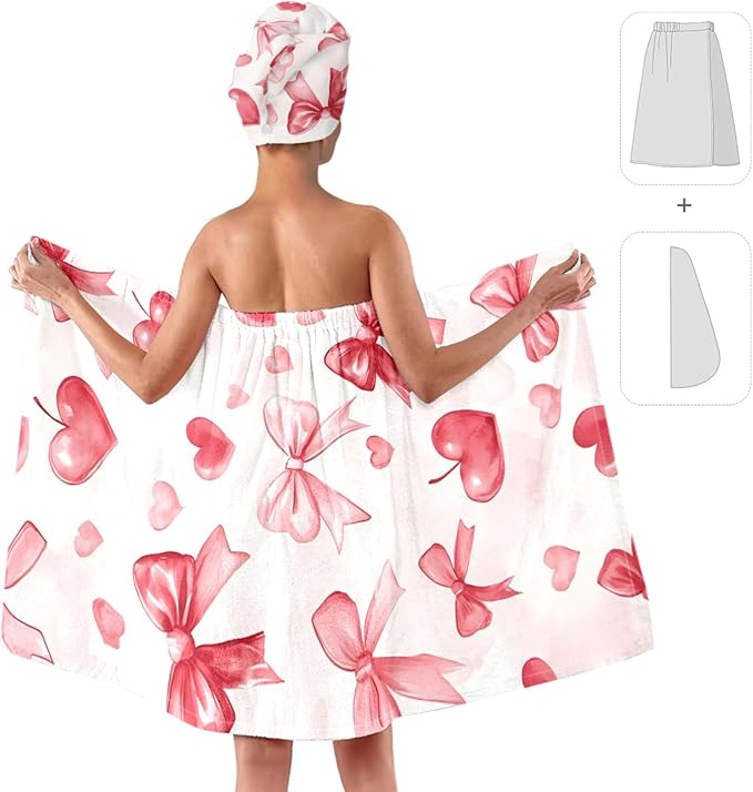 Valentine Heart Bow Bath Wrap and Hair Drying Turban Set – Soft Microfiber Shower Skirt with Elastic Waist Quick Dry Spa Towel for Women Girls Gift (Bow 7)