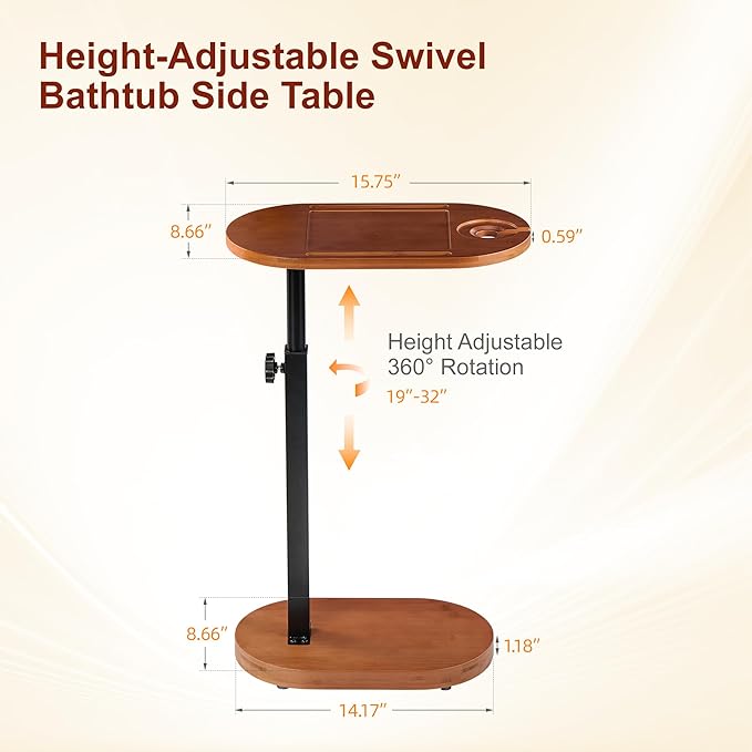 Bamboo Bathtub Side Table, 360° Swivel Height Adjustable Freestanding Bath Caddy Tray Organizer with 5 Storage, Luxury Home Spa Bathroom Essential (Walnut)