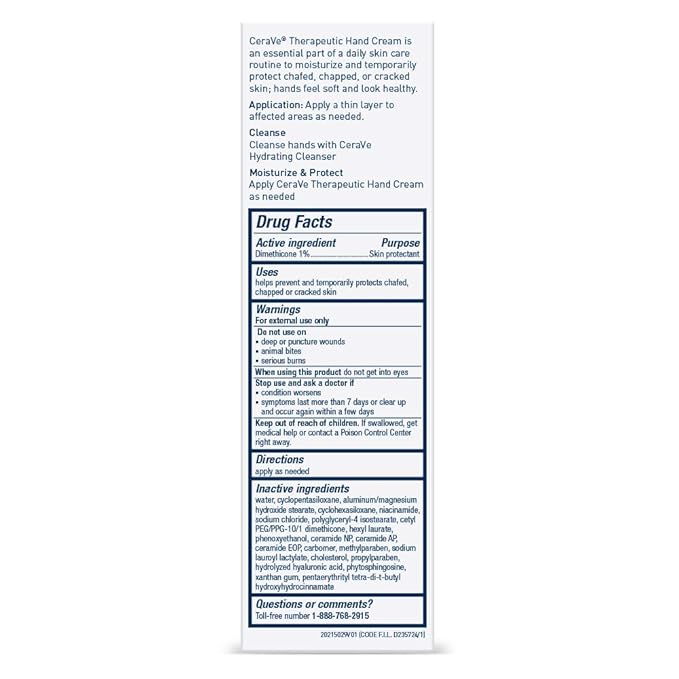 CeraVe Therapeutic Hand Cream for Dry Cracked Hands With Hyaluronic Acid and Niacinamide, Fragrance Free 3 Ounce