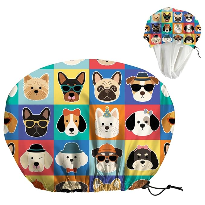 Funny Dog Reusable Shower Cap Cute Double Layer Waterproof Shower Caps Large Elastic Hair Cover Adjustable Hair - Drying Caps for Woman Man Bath SPA Travel One Size Fits Most