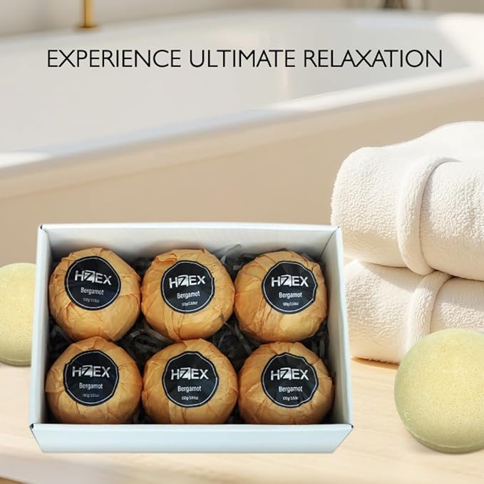 HZEX Charcoal Activated Bath Bombs for Men – Detox with Handmade Organic 6 Pack Bath Bomb Set, up to 3 Scents (Sandalwood, Bergamot, Ocean), Individually Wrapped (Bergamot)