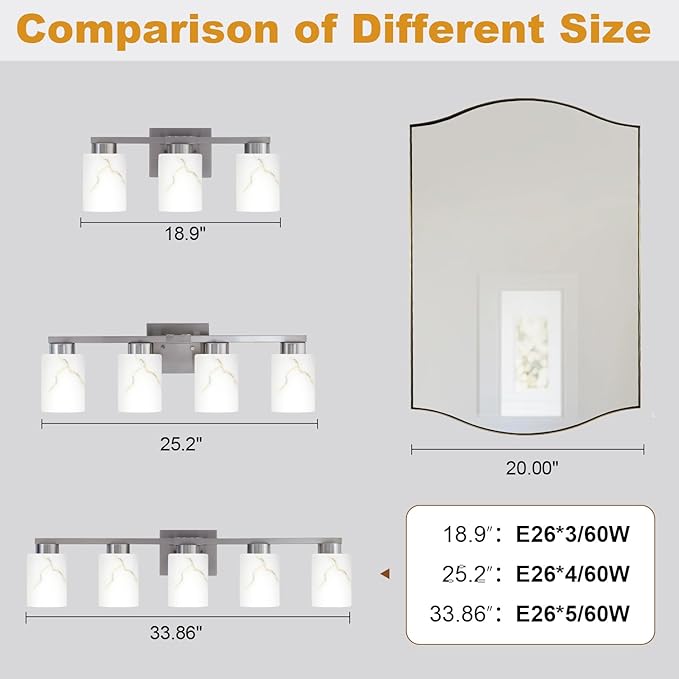 4-Light Bathroom Light Fixtures, Modern Vanity Lights, Brushed Nickel Metal Wall Lamp with White Marble Glass for Bathroom, Mirror, Living Room, Bedroom, Cabinet, Porch, Hallway, E26 Base