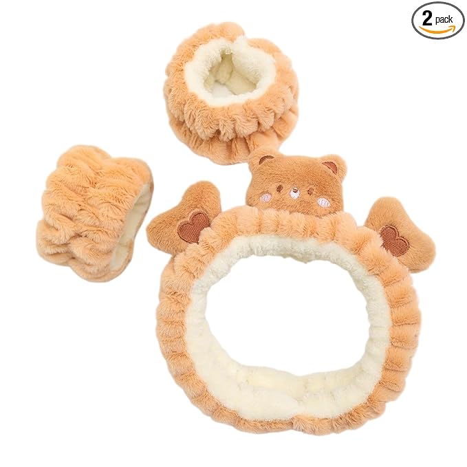 PERFECTSIGHT 2 Pack Cute Animal Headbands for Makeup Wash Shower Adjustable Elastic Hair Band for Girls and Women (Brown Bear)