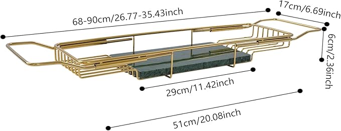 Stainless Steel Bathtub Tray, Expandable Marble Bath Tray for Tub, 44.09 lbs Capacity Bath Caddy for Bathtub Bathroom Accessories for Home Spa (Gold + Green)