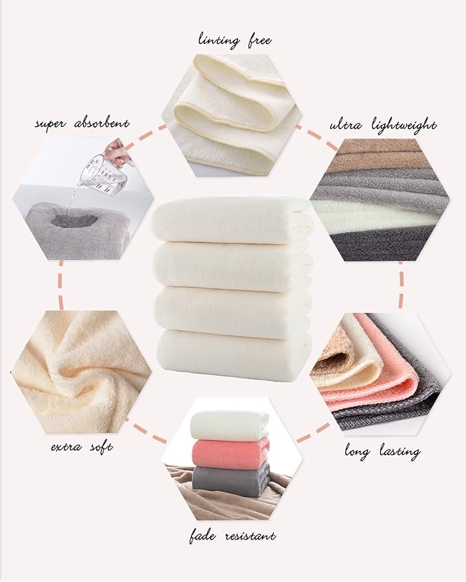 Lumimi Towels 4 Pack Soft Microfiber Bath Towel Set Salon Gym Yoga Travel Very Absorbent Light Quick Dry and Durable, 55" L x 27" W, 4 Piece Cream White