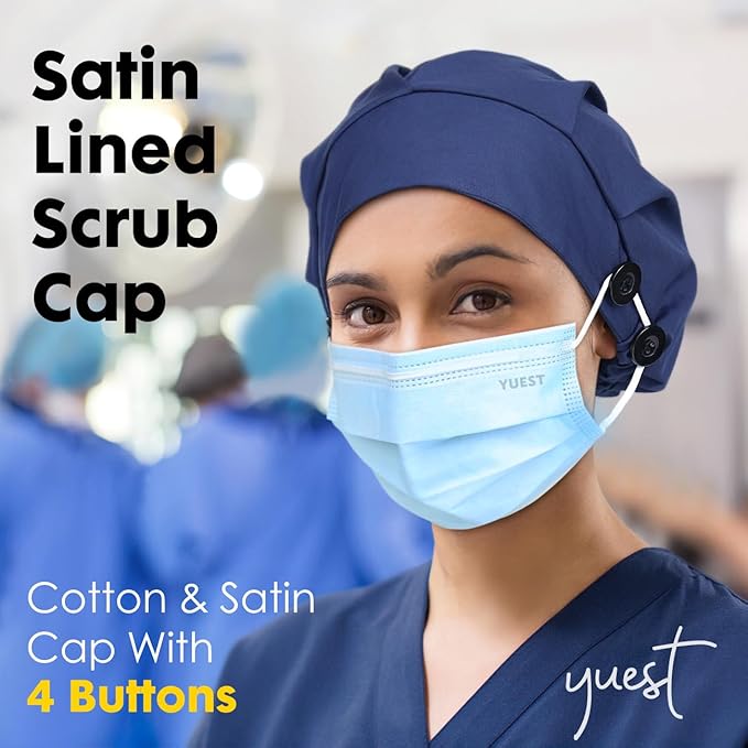 2 Pack Satin Lined Bouffant Scrub Caps with Buttons, Adjustable Scrub Caps for Women Men