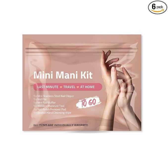 Mini Mani Kit – Disposable Manicure Set with Nail Clipper, File, Buffer, Cuticle Stick & Polish Remover Pad – Compact One-Time Use Nail Care Kit for Travel, Purse, Desk, or Car (Peach)
