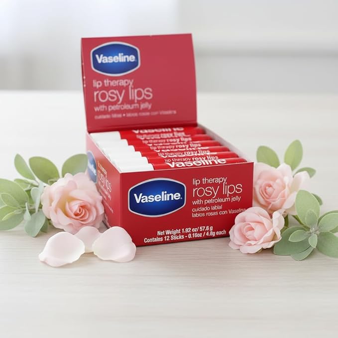 Vaseline Lip Rosy, Fast-Acting Nourishment, Ideal for Chapped, Dry, Cracked, or Damaged Lips, Lip Balm,12 Sticks, 1 Box (Pack of 6)