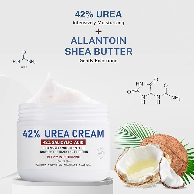 OUKEYA Urea Cream 42% plus Salicylic Acid 2% for Dry Cracked Feet, Heel, Knees, Elbows, Hands – Intensive Moisturizing Cream for Very Rough Skin, 5.29 oz, Pack of 2