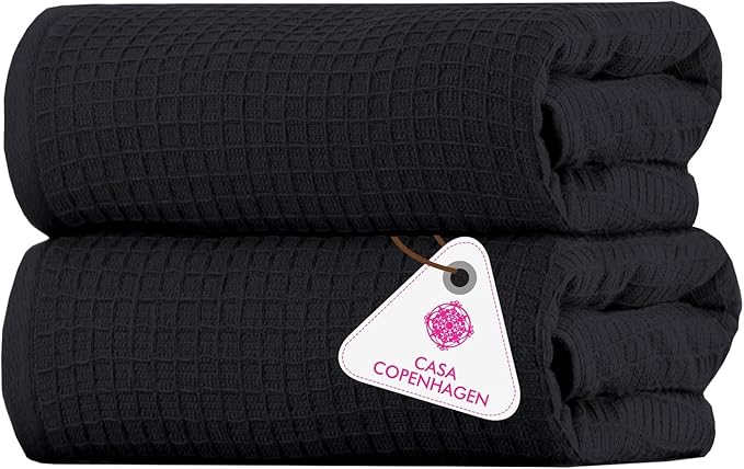 CASA COPENHAGEN Waffle 2Pcs 100% Egyptian Cotton Large Designer Bathsheet Towels Gift Set- Black, 35"x70" 2Bath Sheet Towels for Bathroom (Box Pack, Set for Women & Men)