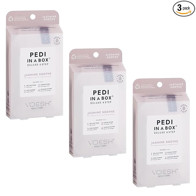 VOESH Pedi in a Box 4 Step Jasmine Soothe - 3 Pack, Home Pedicure Kit, Pedicure Supplies, Pedi Kit, DIY Pedi, Foot Treatment, Spa Pedicure, Foot Spa