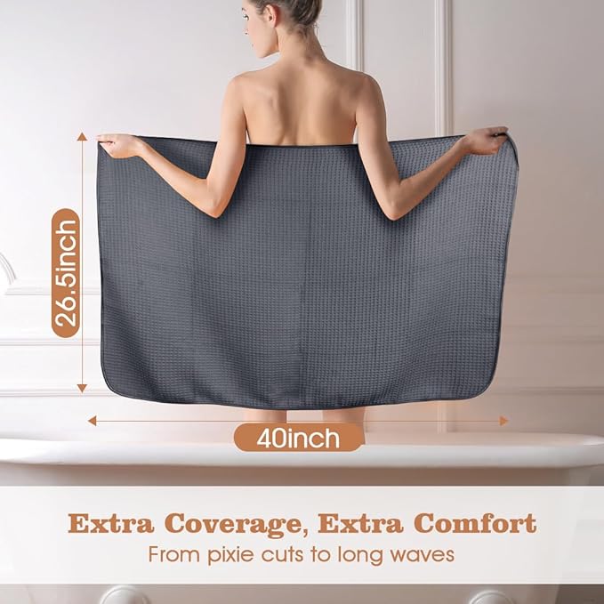 GLIMGLINT 2 Pack Microfiber Hair Towel Wrap for Women Long, Curly Hair, Super Soft Hair Drying Towel, Fast Drying Waffle Hair Towel Wrap with Elastic Strap 40"X26.5" (Grey/Brown)