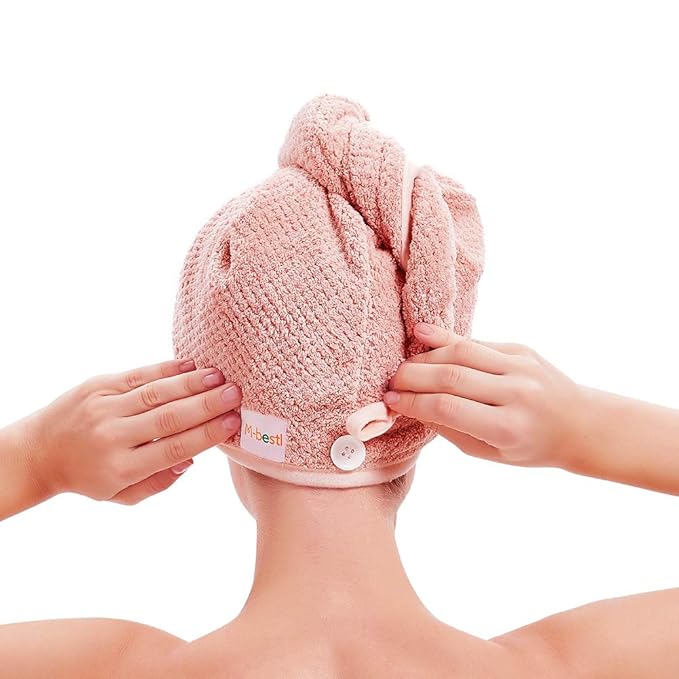 M-bestl 2 Pack Microfiber Hair Towel Wrap,Hair Drying Towel with Button, Hair Towel Turban,Quick Dry,Anti-frizz,Absorbent Head Towel (Pink&Beige)