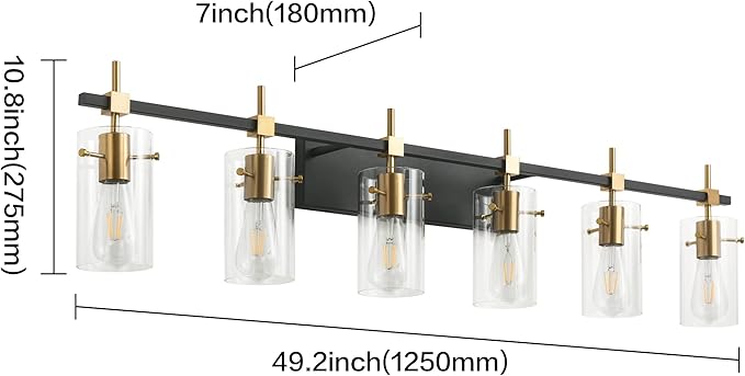 SOLFART 49.2 inch Vanity Light fixtures Vintage 6 Lights Wall Light Fixtures Above Mirror for Bathroom Brass and Black with Clear Glass Shade (Exclude Bulb)