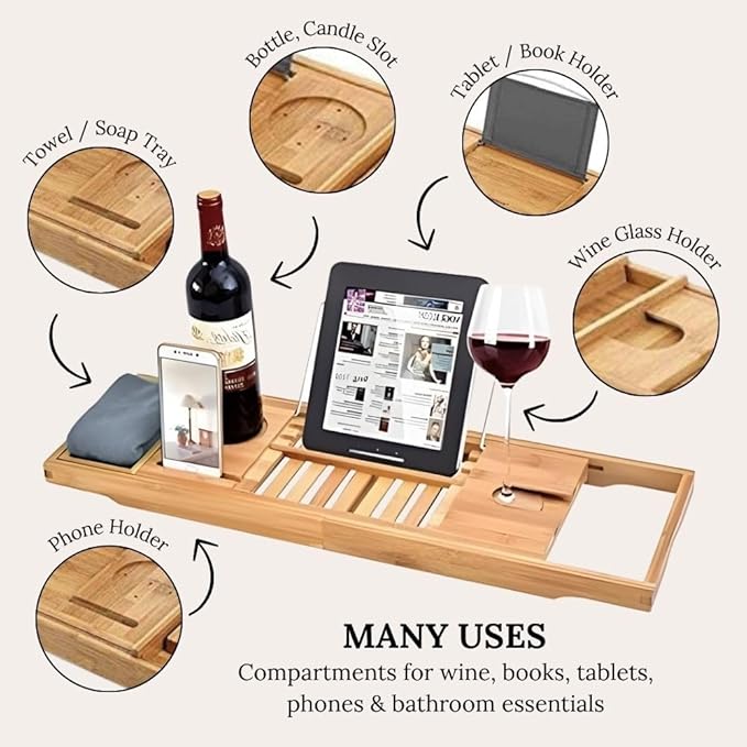 Creative Factory Luxury Bathtub Caddy Tray, Four Storage Rooms on the Board with Grey Fabric for Electronic Tablet Holder or a Book, Soap or Phone, Glass of Wine Slot (Natural Bamboo Wood Color)