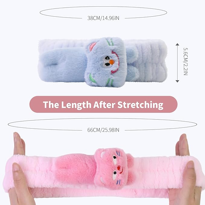 Kawaii Spa Headbands for Women Girls - 2 Pack Cute Soft Fleece Facial Headbands for Makeup, Skincare, Bath, Shower, Beauty and Face Washing, Pink+Blue Cat