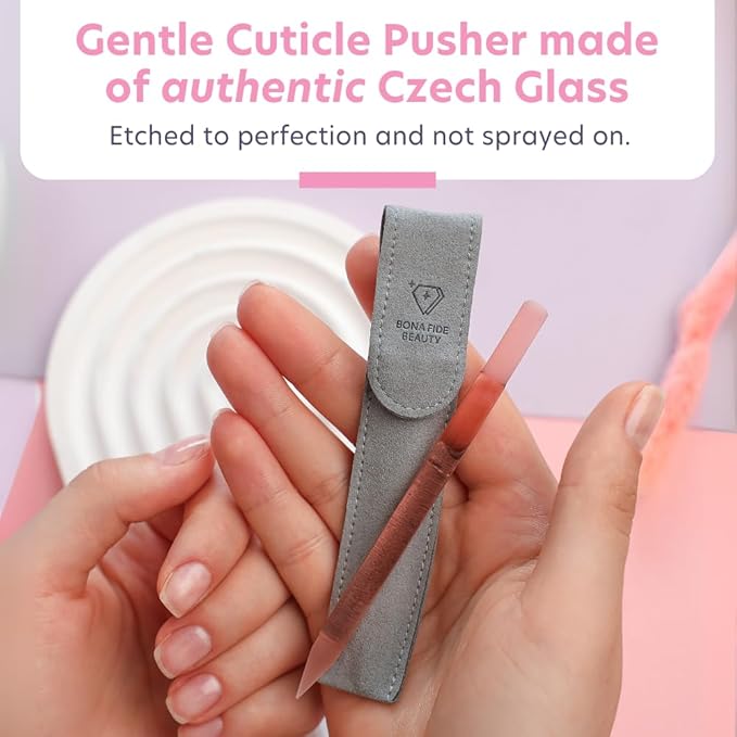 BONA FIDE BEAUTY Glass Cuticle Pusher, 1-Pieces Pink Gentle Czech Manicure Stick for Cuticle Remover, Long-Lasting Double-Sided Reusable Glass Stick