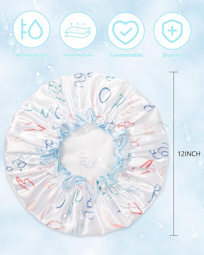 Aquior Shower Caps, Reusable Shower Cap for Women, Double Layer Waterproof Hair Cap, Large Size for All Hair Lengths Non-fading Bathing Shower for Ladies