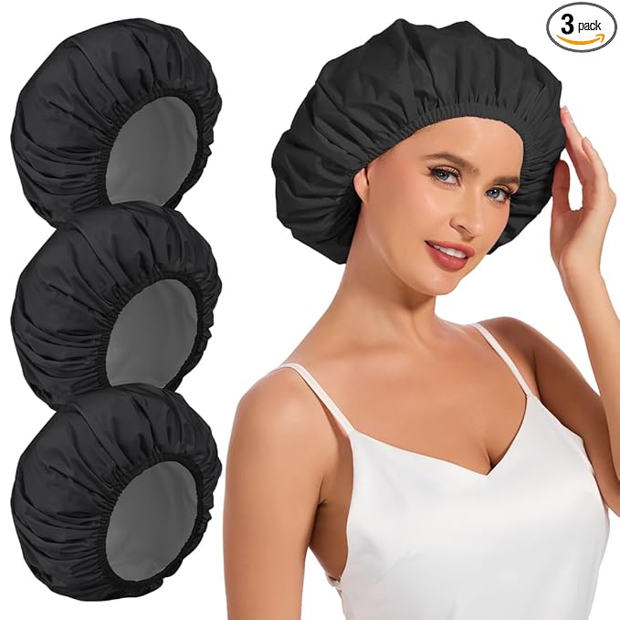 3 Pack Reusable Shower Cap for Women, Waterproof Hair Cap for Shower and Bath, Large Bath Cap for Long Thick Hair