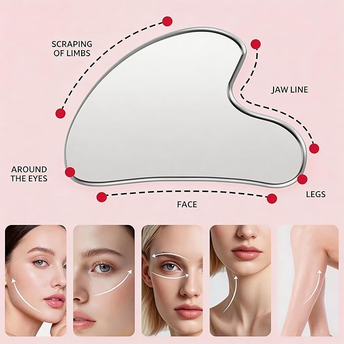 Stainless Steel Gua Sha Facial Tool – Metal Guasha for Face & Body, Jawline Sculpting, Double Chin Reducer, Puffiness Relief, Lymphatic Drainage Massager, Skincare Tool with Travel Pouch
