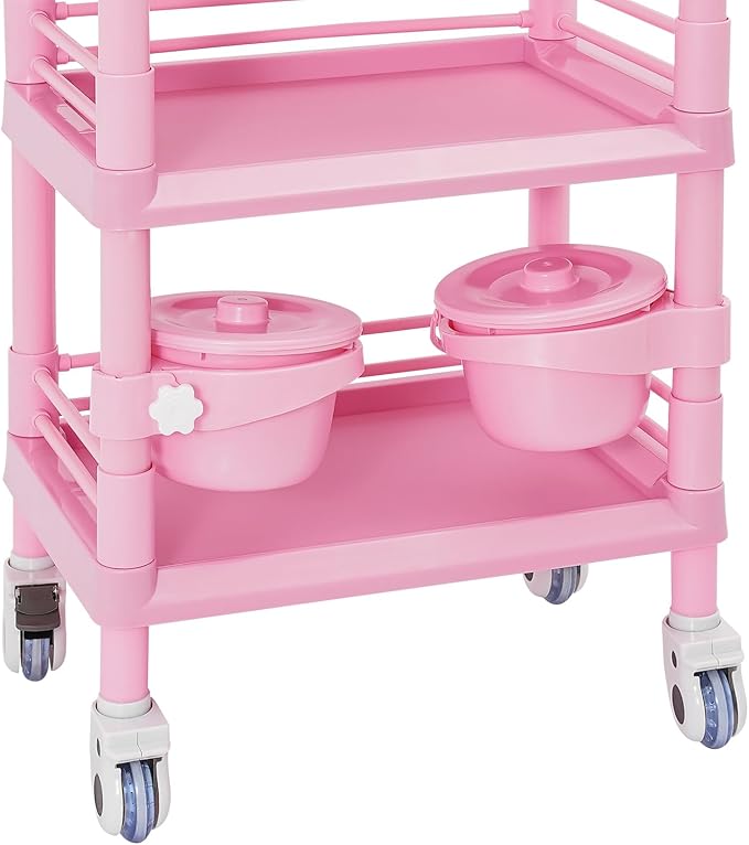 Salon Storage Cart, 3 Tier Rolling Beauty Organizer with 2 Garbage Baskets & 1 Drawer, 80kg/176.37lbs Capacity, Movable Storage Trolley for Beauty Salon SPA (Pink)