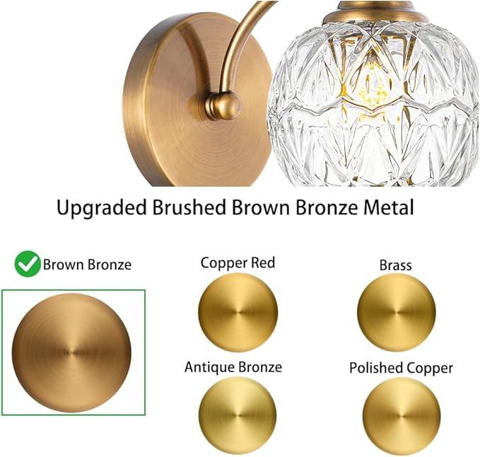 Brushed Antique Brass Bathroom Wall Sconce Vintage Style - G9 Bulb Compatible, Small Hardwired Bathroom Vanity Lighting with Hand-Etched Glass Shades, Easy Mounted for Bedroom Living Room Hallway