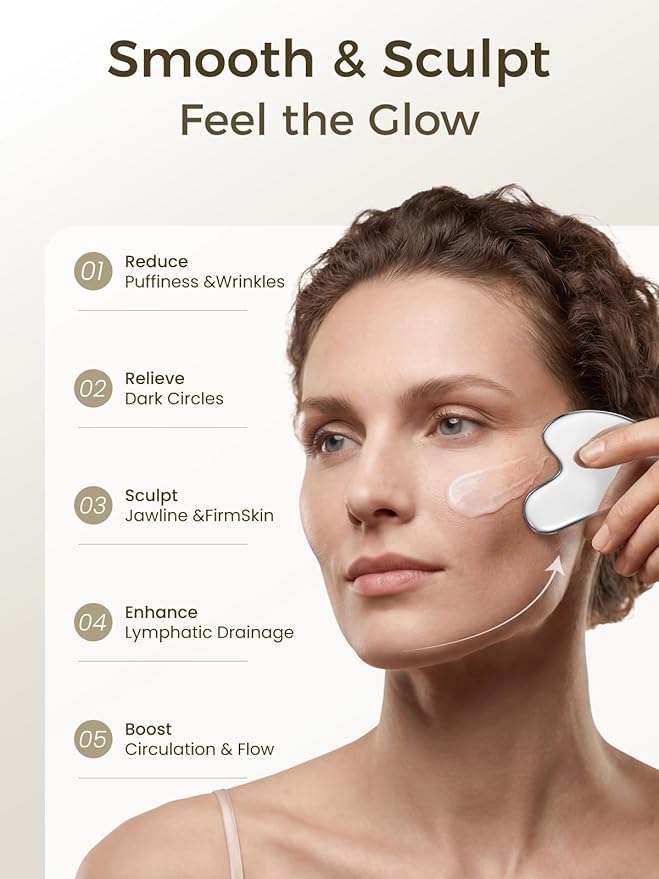 Gua Sha Facial Tool – Stainless Steel Guasha Tool for Face, Neck & Body – Gua Sha Tool for Lymphatic Drainage, Puffiness Reduction & Targeted Tension Relief – Beauty Skin Care Gift (Silver)