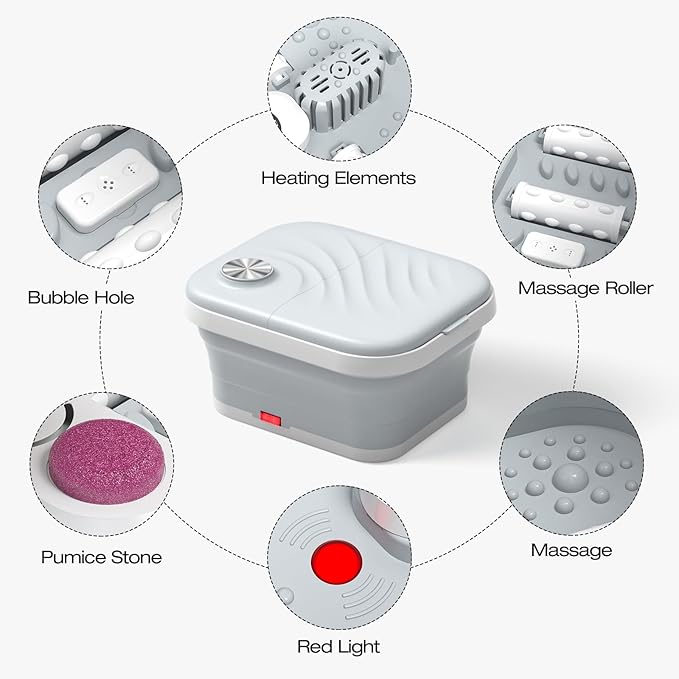 2025 New Collapsible Foot Spa with Heat, Foot Bath Massager with Bubble, Red Light, Temperature Control, 6 Shiatsu Massage Rollers, Pedicure Foot Spa for Feet Stress Relief
